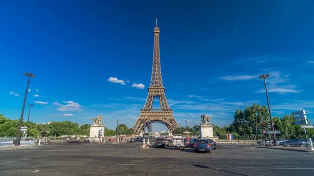 Eiffel Tower with bridge over Siene river in Paris timelapse hyperlapse, France