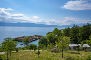 Lake Ohrid landscapes and Boat washed on beach in Macedonia