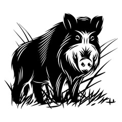 vector monochrome illustration with a wild boar in thicket of grass