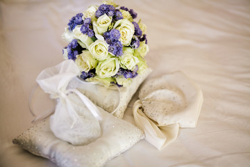 Selective focus on wedding bouquet with flowers in pastel color