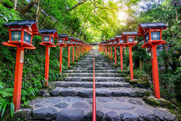 The red traditional light pole at Kifune shrine, Kyoto in Japan.