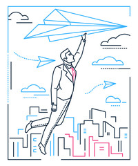Businessman flying on a paper plane - line design style illustration