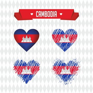 Cambodia. Collection of four vector hearts with flag. Heart silhouette