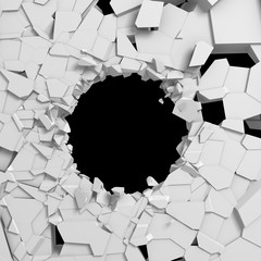 Dark destruction cracked hole in white stone wall