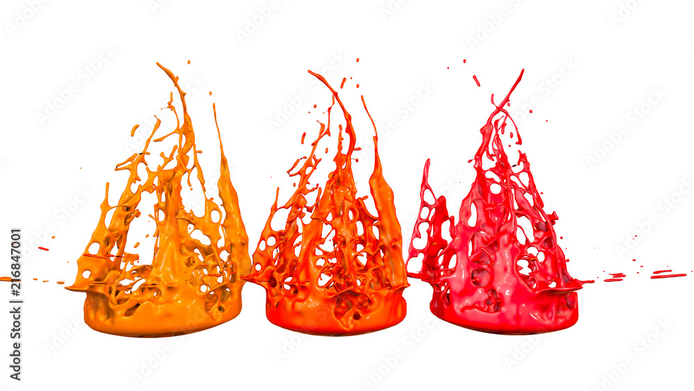 Poster 3d render of paint splashes isolated on white background. Simulation of 3d splashes on a musical speaker that play music. shades of warm colors 40 in a rows