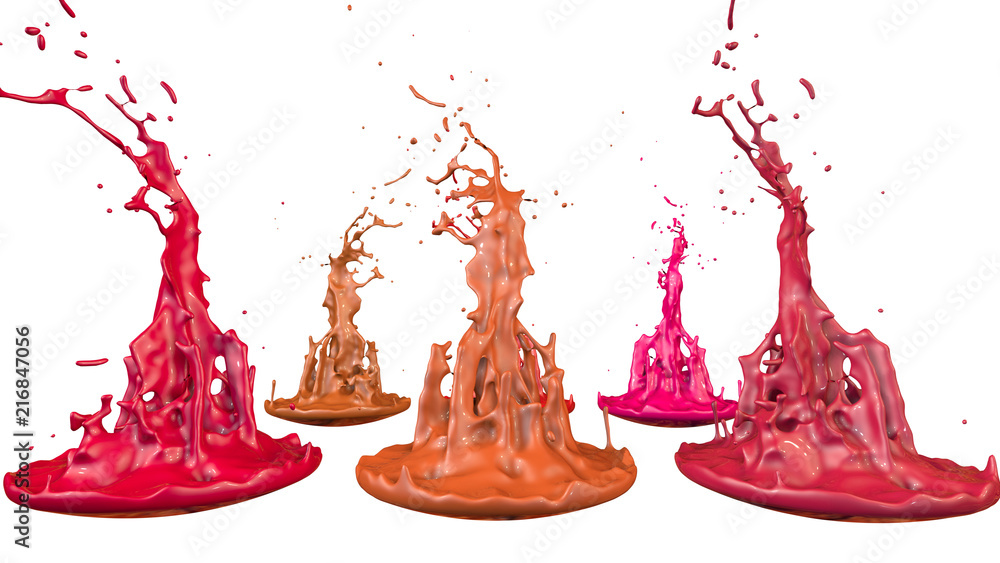 Aufkleber 3d render of paint splashes isolated on white background. Simulation of 3d splashes on a musical speaker that play music. shades of warm colors 39 in a rows