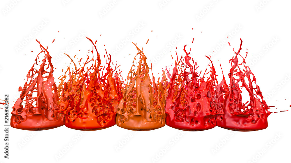 Poster 3d render of paint splashes isolated on white background. simulation of 3d splashes on a musical spe