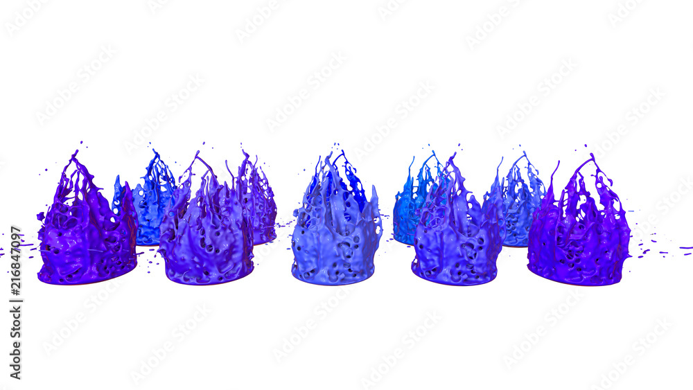 Poster 3d render of paint splashes isolated on white background. Simulation of 3d splashes on a musical speaker that play music. shades of cold colors 3 in a rows