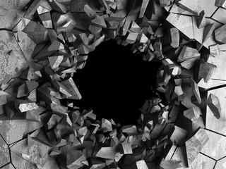 Dark cracked broken hole in concrete wall. Grunge background