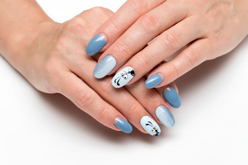 summer blue manicure with sequins on long oval nails with painted ant © dina_shuba
