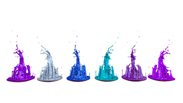 3d render of paint splashes isolated on white background. Simulation of 3d splashes on a musical speaker that play music. multicolor version 5 in a row