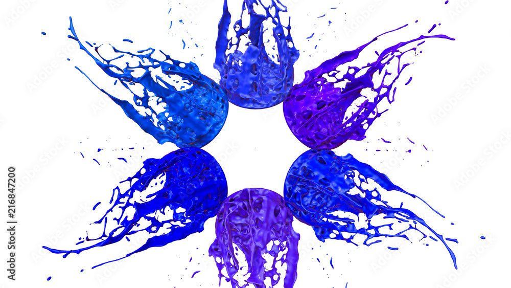 Poster 3d render of paint splashes isolated on white background. Simulation of 3d splashes on a musical speaker that play music. shades of cold colors 11 circular structure