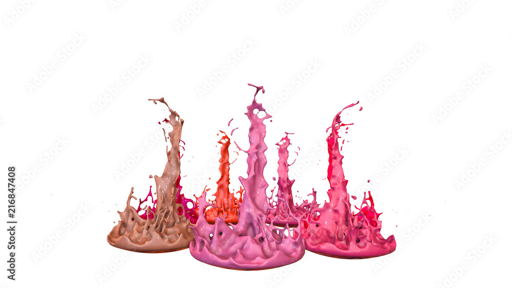 Poster 3d render of paint splashes isolated on white background. simulation of 3d splashes on a musical spe