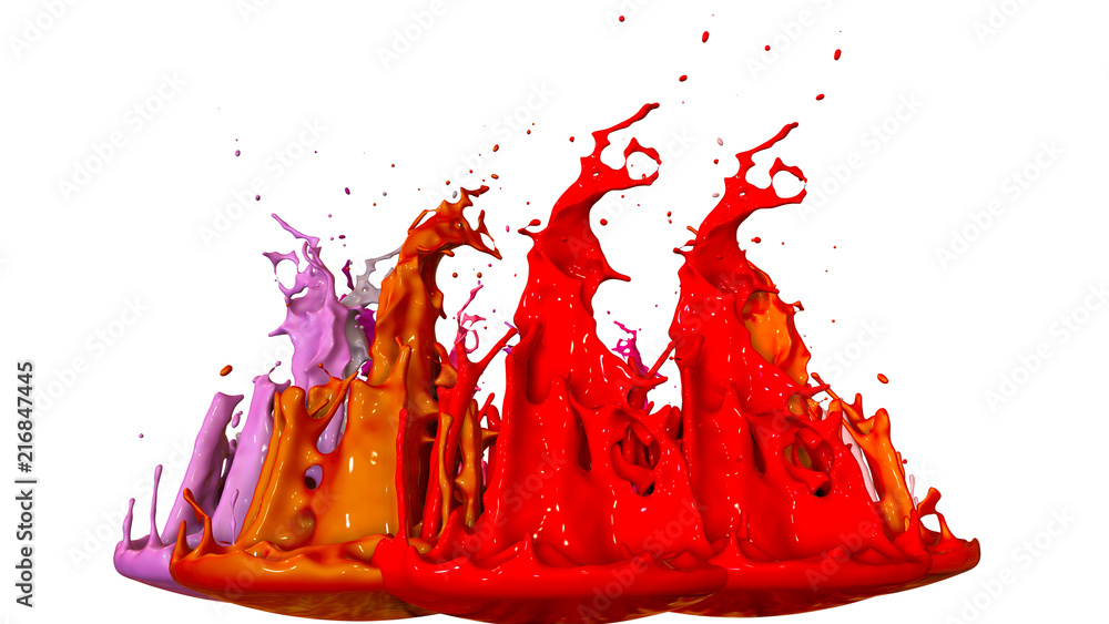 Poster 3d render of paint splashes isolated on white background. simulation of 3d splashes on a musical spe