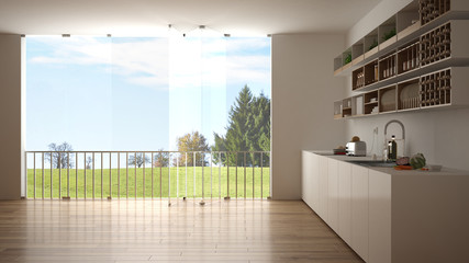 Minimalist white and wooden kitchen with parquet floor and big panoramic window. Meadow with green grass, trees and blue sky in the background. Eco house interior design
