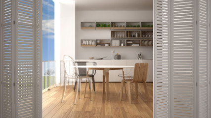 Obraz na płótnie Canvas White folding door opening on modern minimalist kitchen with big panoramic window, modern interior design, architect designer concept, blur background