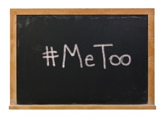 #MeToo me too written in white chalk on a black chalkboard isolated on white