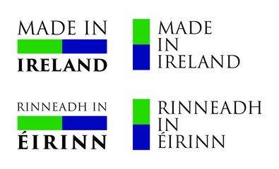 Simple Made in Ireland / Rinneadh in Eirinn (irish translation) label. Text with national colors arranged horizontal and vertical.