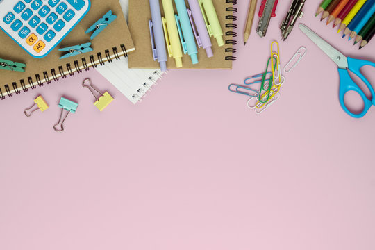 Pink School Stationery On Color Backgroung Stock Photo 2319854205