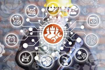 Industry engineer clicks a technician group with spanner button on a virtual panel. Technicians repair industrial engineering concept. Engineers team manufacture work.