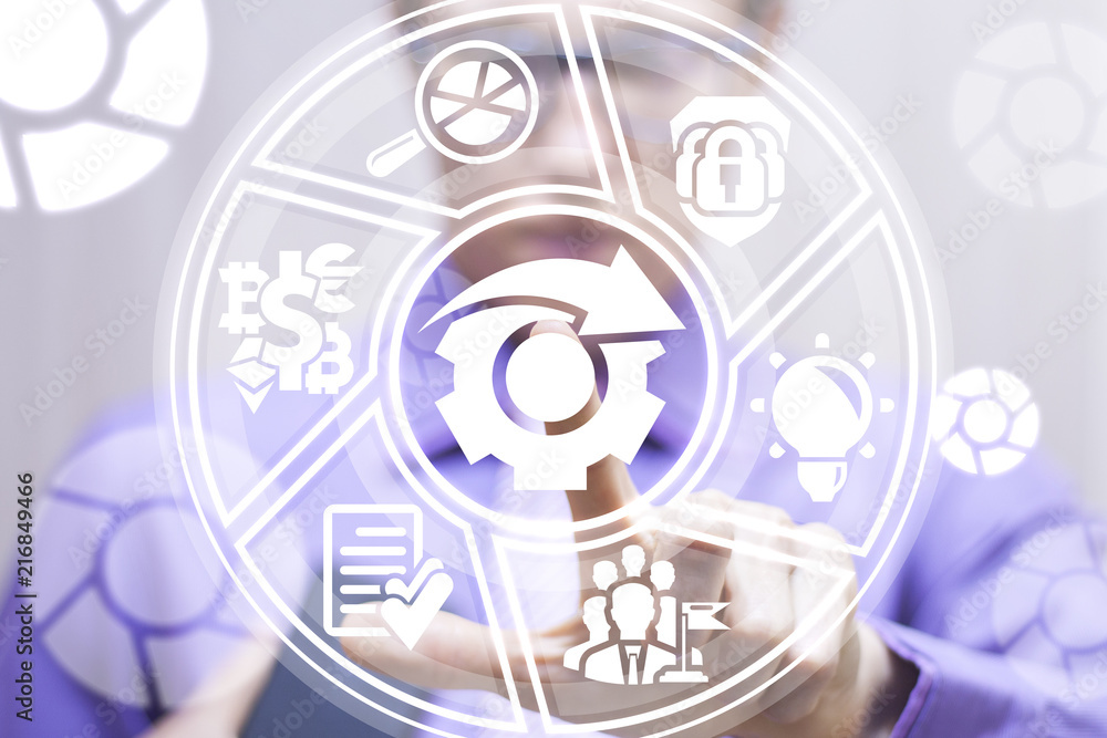 Aufkleber businessman clicks a gear with round arrow button on a virtual panel. business team work success pro