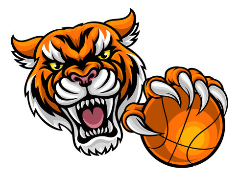 Tiger Holding Basketball Ball Mascot