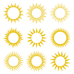 Rays, beams element. Sunburst, starburst shape on white. Radiating, radial, merging lines. Abstract circular geometric shape. Vector set collection.