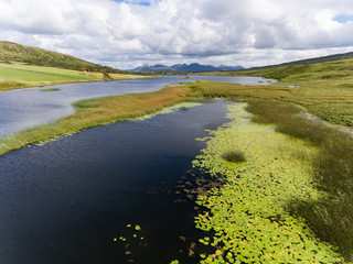Scenic aerial view of lakes in Connemara, County Galway on the Wild Atlantic way, West coast of  Ireland