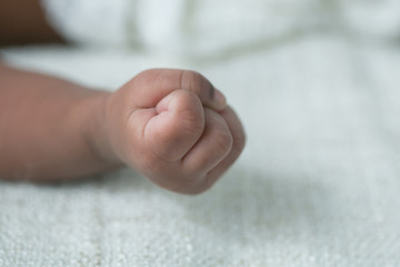 Awake Newborn Baby hands on Cream White Background