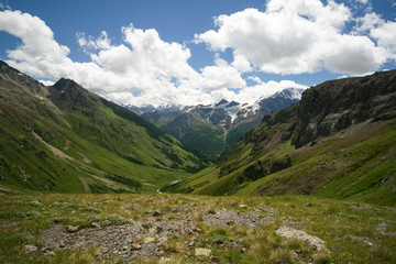 View of the valley of the river Terskol in the Elbrus region.