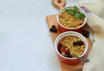 Fruits casserole or crumble with apples and black currant in red cup ramekin. Copy space. Berry and fruits dessert ready to eat. Homemade baking. Healthy pastries. Rustic photo