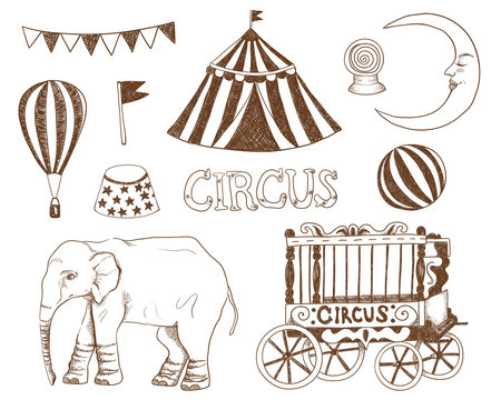 Circus vector set on white isolated background. Circus tent, elephant, moon, balloon, flags, ball, magic ball, circus trailer