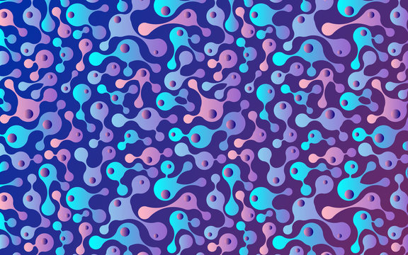 Abstract image of molecules and atoms. Chaotic motion of particles. Blue background with bubbles. Vector illustration on a theme of medicine, science, technology. 