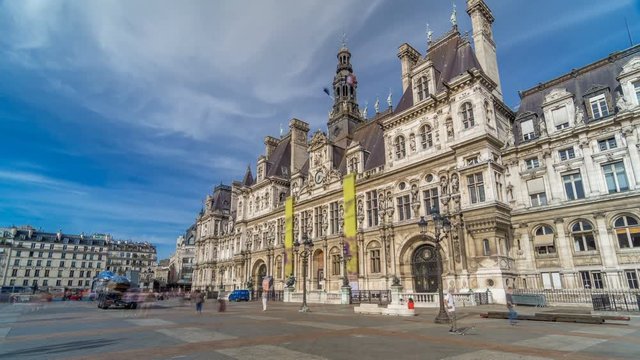 Hotel de Ville or Paris city hall timelapse hyperlapse in sunny day.
