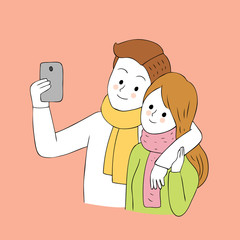 Cartoon cute autumn couple selfie together vector.
