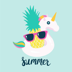 Summer poster pool floating with unicorn and pineapple. Vector illustration