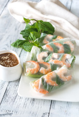 Shrimp rice paper rolls with peanut sauce
