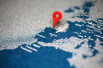 travel painted map with the pin, spain