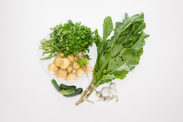 top view of arranged ripe vegetables isolated on white