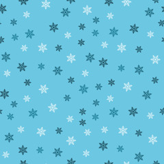 Snowflake seamless pattern. Snow on blue background. Abstract wallpaper, wrapping decoration. Symbol winter, Merry Christmas holiday, Happy New Year celebration Vector illustration.