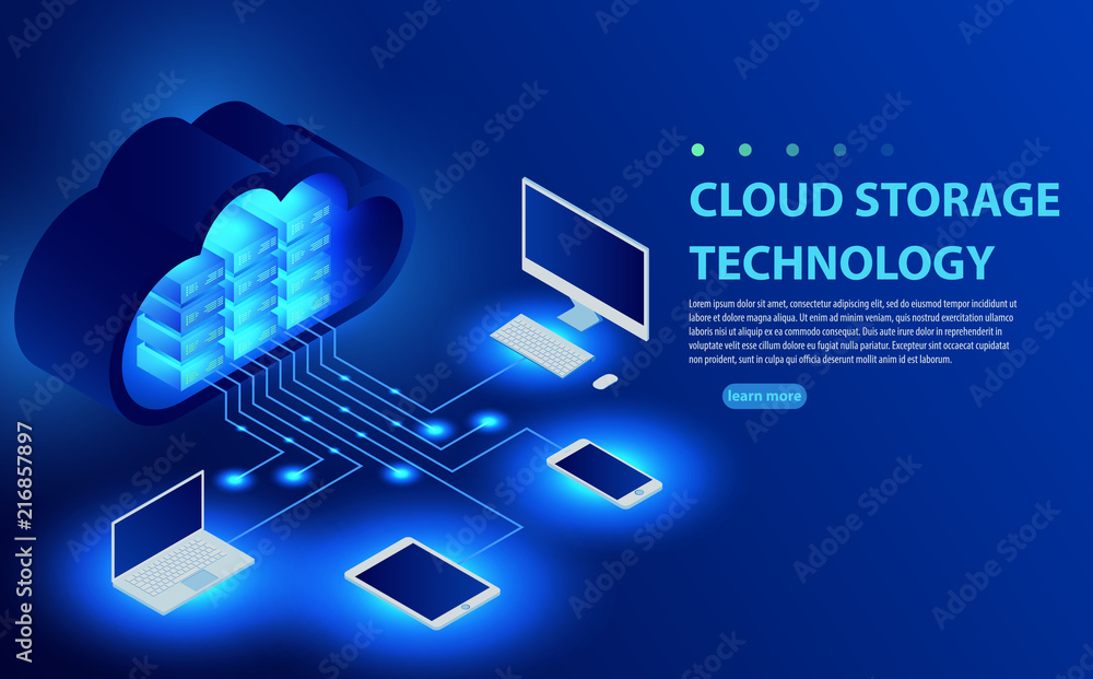 Aufkleber isometric cloud hosting network vector banner design. online computing storage 3d concept.