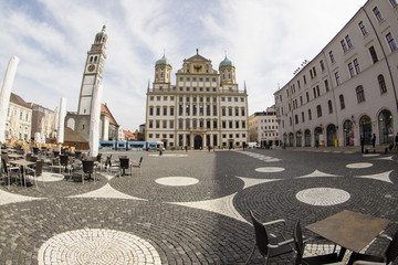 Wide angle fish eye photograph of the town hall square rathausplatz in Augsburg Germany
