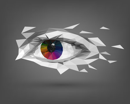 Low polygonal human bright eye, vision, colorful pupil, creative look
