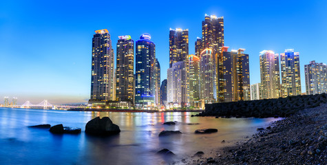 Skyscrapers of the Marine City in Haeundae waterfront district in Busan - obrazy, fototapety, plakaty
