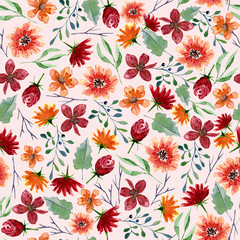 Seamless texture of watercolor flowers. Bright autumn print with floral elements and foliage