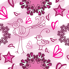 Birdies and Mandala Flowers-Birdies Doodles Seamless Repeat Pattern.