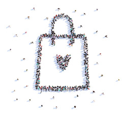 A lot of people form bag with food, love, icon . 3d rendering.