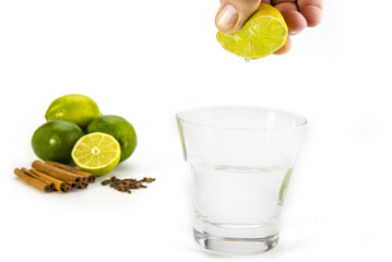 Cinnamon lime and cloves on the white background