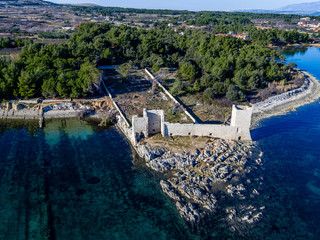 Aerial view of castle Kastela on island Vir, Zadar county, Adriatic sea, Croatia