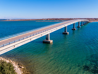 Aerial view of bridge to island Vir over Adriatic sea, Zadar county, Croatia, Mediterranean